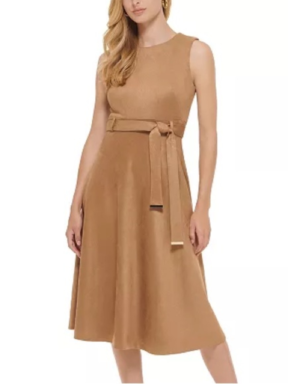 Calvin Klein Camel Sleeveless Midi Dress with Waist Tie P2P-19in Length: 45in